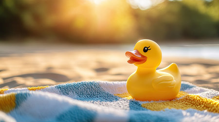 A playful yellow rubber toy duck on a beach towel, with a bright summer vibe and soft sunlight in the backgroundの素材