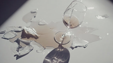 A broken wine glass with fragments lying next to a small puddle of wine on a white surface.の素材