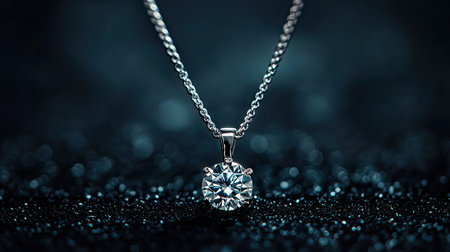 A carefully styled shot of a dazzling diamond pendant, resting against a dark velvet black surface.の素材