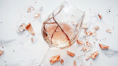 A broken wine glass with a large crack down the center, surrounded by broken shards on a white surface.の素材