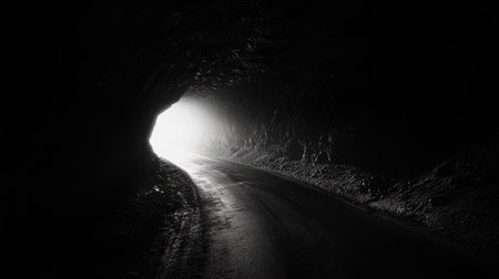 A shadowy, rock-hewn road inside a dark tunnel, with a bright light at the end giving way to a new path.の素材