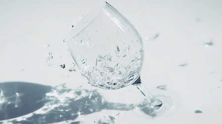 A shattered wine glass on a white background, its base and shards clearly visible with a small wine spill.の素材