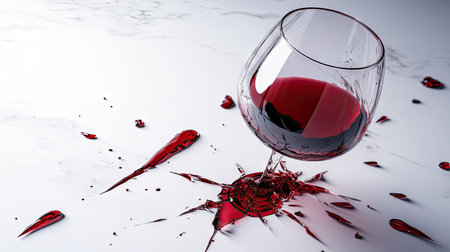 A shattered wine glass with sharp, jagged edges, resting on a clean white background, with spilled wine beside it.の素材