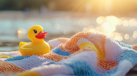 A playful yellow rubber toy duck on a beach towel, with a bright summer vibe and soft sunlight in the backgroundの素材