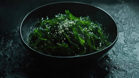 A bowl of fresh wakame seaweed salad with a sprinkle of sesame seeds, presented beautifully on a black plate against a dark background.の素材