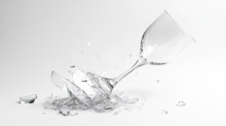 A broken wine glass with its base completely separated, surrounded by small glass fragments, isolated on a white backdrop.の素材