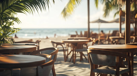 A casual beach caf with round wooden tables and comfortable chairs set up on a sunny beach terrace.の素材
