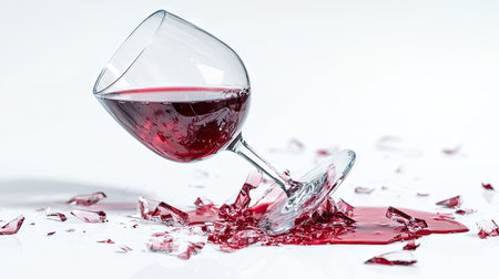 A broken wine glass with sharp glass fragments lying beside it, spilling red wine on a white background.の素材