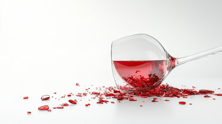 A shattered wine glass with sharp, jagged edges, resting on a clean white background, with spilled wine beside it.の素材