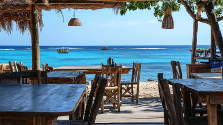 A charming beach caf with rustic wooden tables and chairs, offering breathtaking views of the ocean on a sunny day.の素材