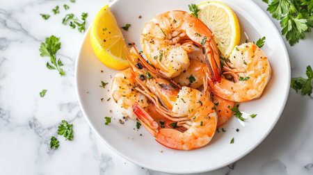 A bright and appetizing seafood dish with fresh shrimp and lemon, served on a white dish against a marble background.の素材