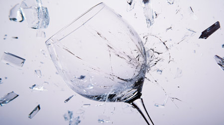 A broken wine glass with a large crack down the center, surrounded by broken shards on a white surface.の素材
