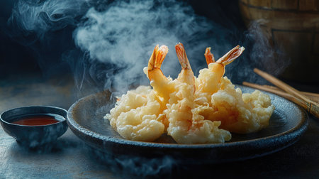 A steaming hot plate of shrimp tempura with a side of dipping sauce, placed on a textured dark background.の素材