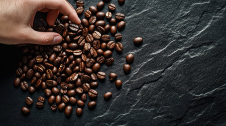 A person's hand holding coffee beans, with roasted beans forming a rich, textured background on a black stone surfaceの素材