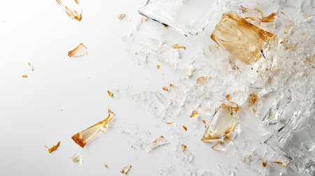 A broken wine glass with shards and wine stains scattered on a white background, creating a messy scene.の素材