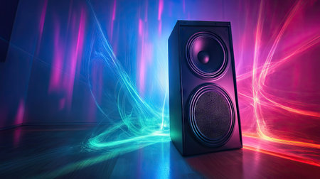 A stereo speaker in a nightclub setting with sound waves pulsing in sync with the music.の素材