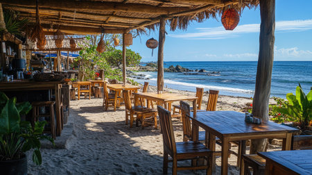 A charming beach caf with rustic wooden tables and chairs, offering breathtaking views of the ocean on a sunny day.の素材