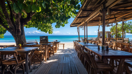 A charming beach caf with wooden tables and chairs on the veranda, the clear blue sky meeting the ocean in the distance.の素材