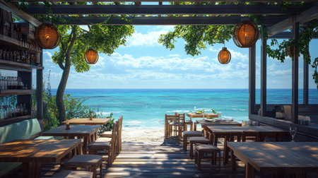 A casual yet elegant beach caf with wooden tables and cushioned chairs, with a stunning view of the ocean horizon.の素材