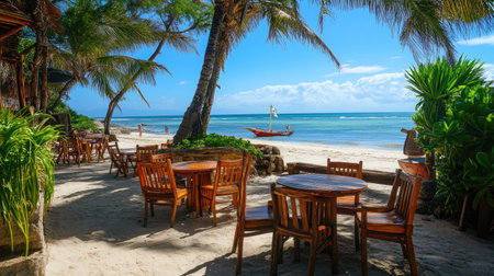 A casual beach caf with round wooden tables and comfortable chairs set up on a sunny beach terrace.の素材