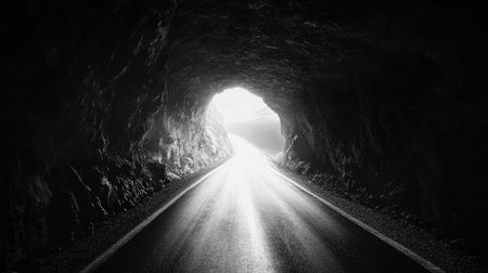 A solitary road inside a rocky tunnel, the light at the end casting long shadows across the path.の素材
