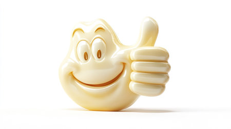 A smiling thumbs-up gesture, with fingers slightly curled, isolated crisply on a pure white background.の素材