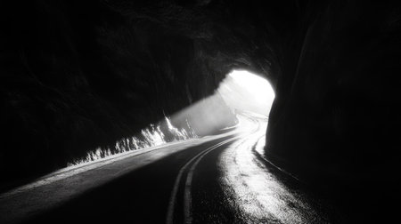 A shadowy, rock-hewn road inside a dark tunnel, with a bright light at the end giving way to a new path.の素材
