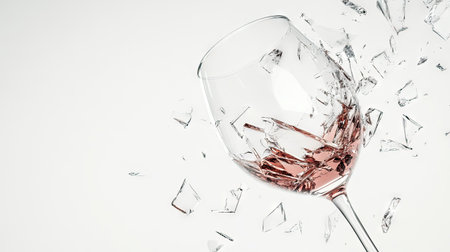 A broken wine glass with its base completely separated, surrounded by small glass fragments, isolated on a white backdrop.の素材