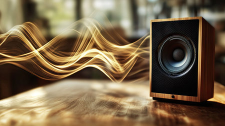 A speaker on a wooden table, with sound waves emerging in smooth, flowing patterns.の素材
