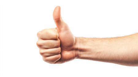 A strong male hand giving a firm thumbs-up, positioned centrally against a white background, ideal for positive messaging.の素材