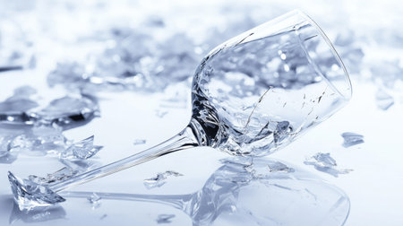 A broken wine glass lying on a white surface with jagged edges, fragments of glass surrounding it.の素材