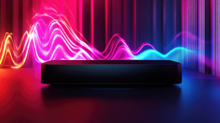 A sleek black speaker emitting glowing sound waves in a futuristic, neon-lit environment.の素材