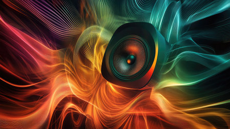 A speaker with sound waves vibrating and spiraling outwards in an abstract, colorful design.の素材