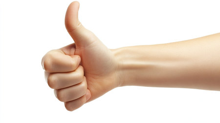 A simple thumbs-up icon in real-life form, with a human hand isolated on white, perfect for versatile use.の素材