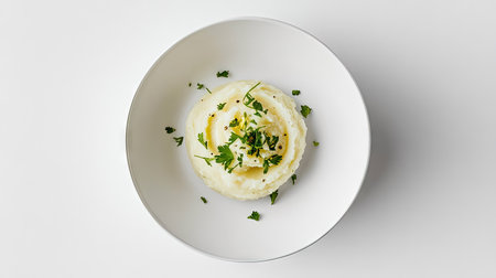 A single serving of mashed potatoes with vibrant parsley garnish, elegantly plated in a round white dish on a minimalist white surface.の素材