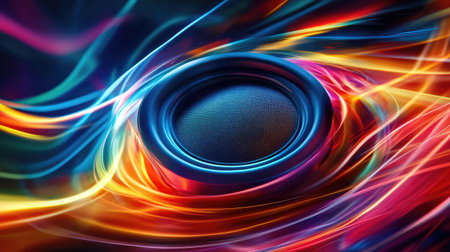 A speaker with sound waves vibrating and spiraling outwards in an abstract, colorful design.の素材