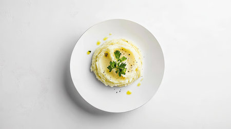 A single serving of mashed potatoes with vibrant parsley garnish, elegantly plated in a round white dish on a minimalist white surface.の素材