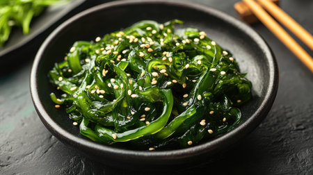 A stylish Japanese-inspired food scene featuring wakame seaweed salad with sesame seeds on a black dish with wooden chopsticks.の素材