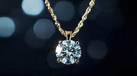 A solitaire diamond pendant hanging from a fine gold chain, with soft lighting highlighting its brilliance on black.の素材