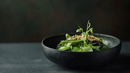 A small black plate of wakame seaweed salad, elegantly arranged with a light sesame dressing and toasted sesame seed garnish.の素材