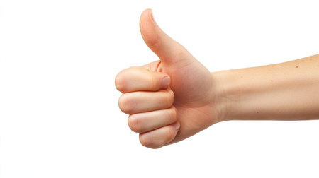 A simple thumbs-up icon in real-life form, with a human hand isolated on white, perfect for versatile use.の素材