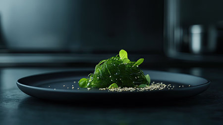 A simple yet elegant presentation of wakame seaweed salad with sesame seeds on a matte black plate, set against a moody dark background.の素材