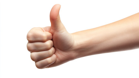 A simple and professional thumbs-up from an adult hand, isolated with precise detail on a white backdrop.の素材