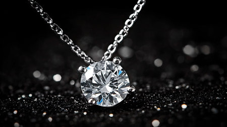 A stunning diamond pendant necklace with a brilliant cut stone, elegantly displayed against a deep black background.の素材