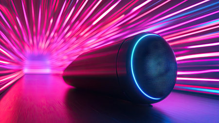 A sleek black speaker emitting glowing sound waves in a futuristic, neon-lit environment.の素材