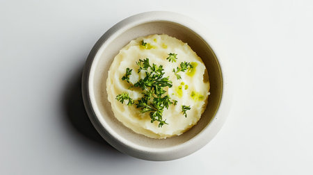A single serving of mashed potatoes with vibrant parsley garnish, elegantly plated in a round white dish on a minimalist white surface.の素材