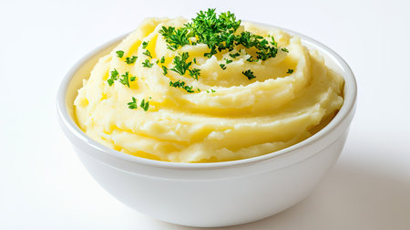 A smooth, swirled mound of mashed potatoes in a white ceramic bowl, garnished with parsley, standing out against a stark white background.の素材