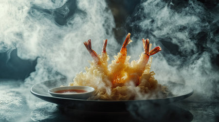 A steaming hot plate of shrimp tempura with a side of dipping sauce, placed on a textured dark background.の素材