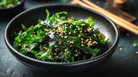 A stylish Japanese-inspired food scene featuring wakame seaweed salad with sesame seeds on a black dish with wooden chopsticks.の素材
