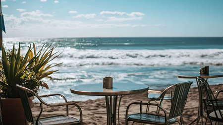 A stylish beach caf with sleek metal tables and chairs placed near the shoreline, with the waves rolling in.の素材